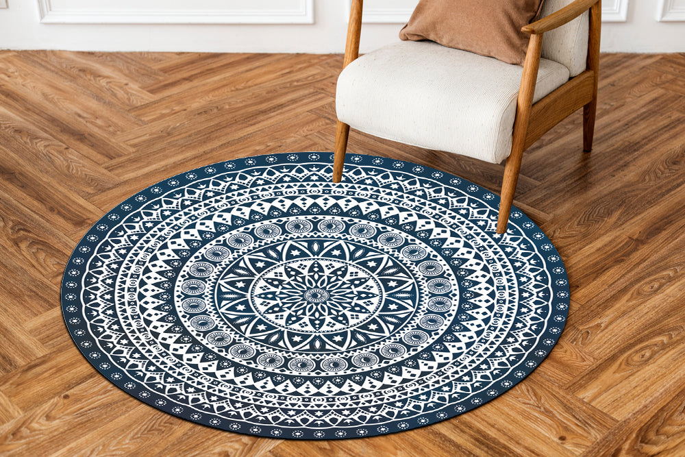 דגם קלאסי פירחוני כחול לבן PVC שטיח עגול