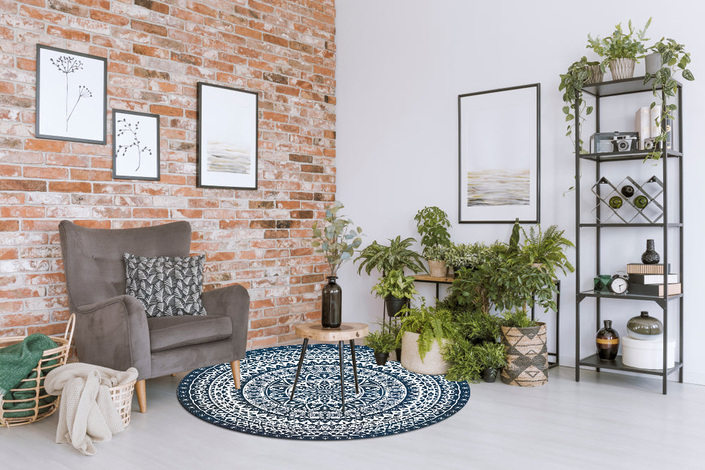 דגם קלאסי פירחוני כחול לבן PVC שטיח עגול