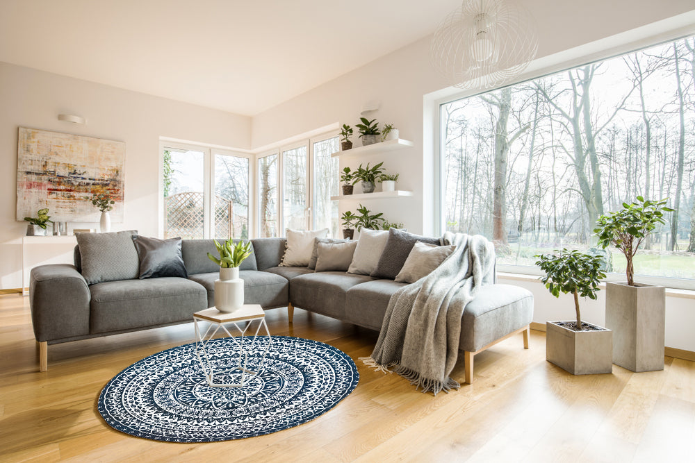 דגם קלאסי פירחוני כחול לבן PVC שטיח עגול