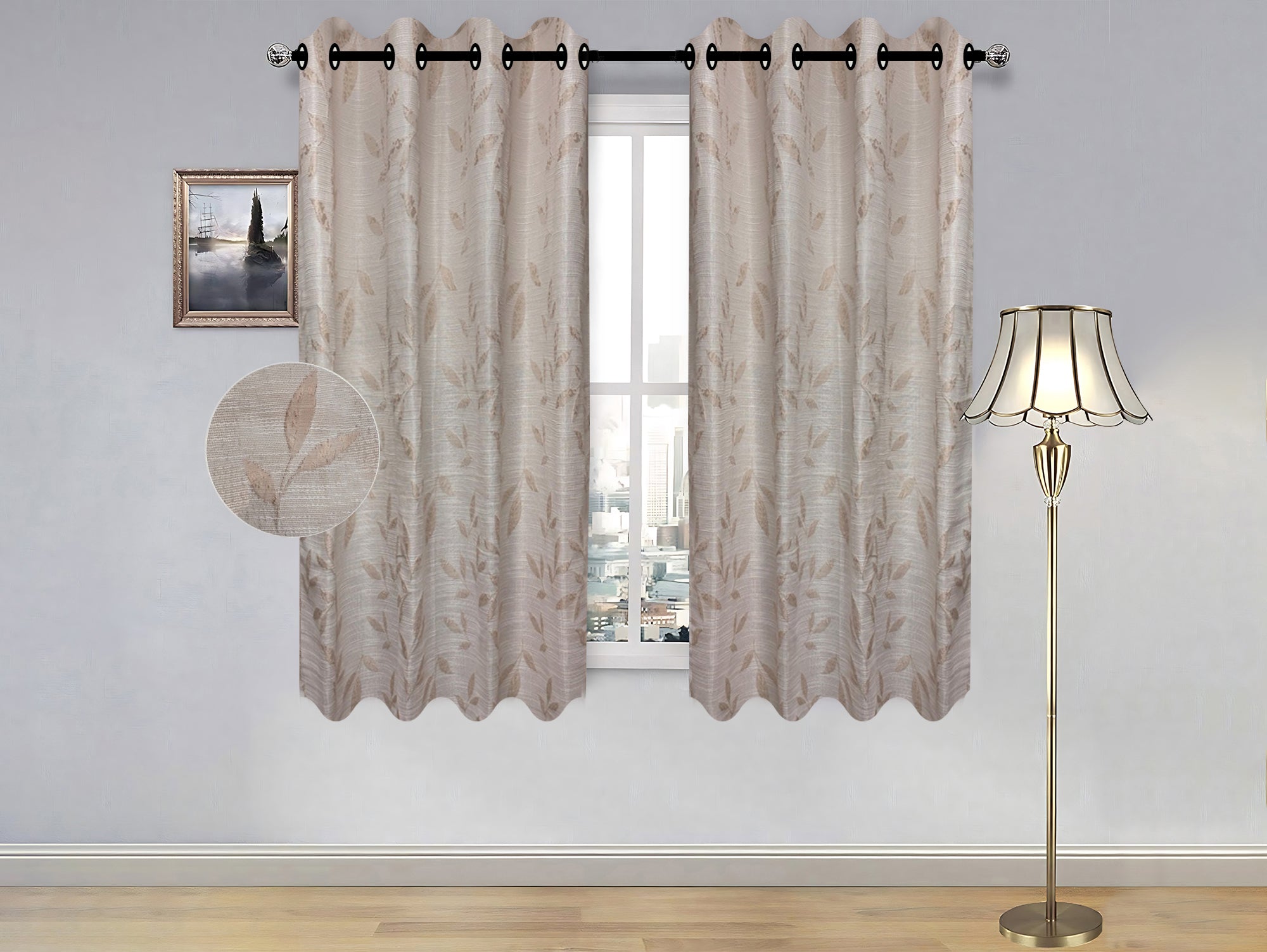 וילון קצר דוגמת קרם עלים - מידה 1.40/1.60