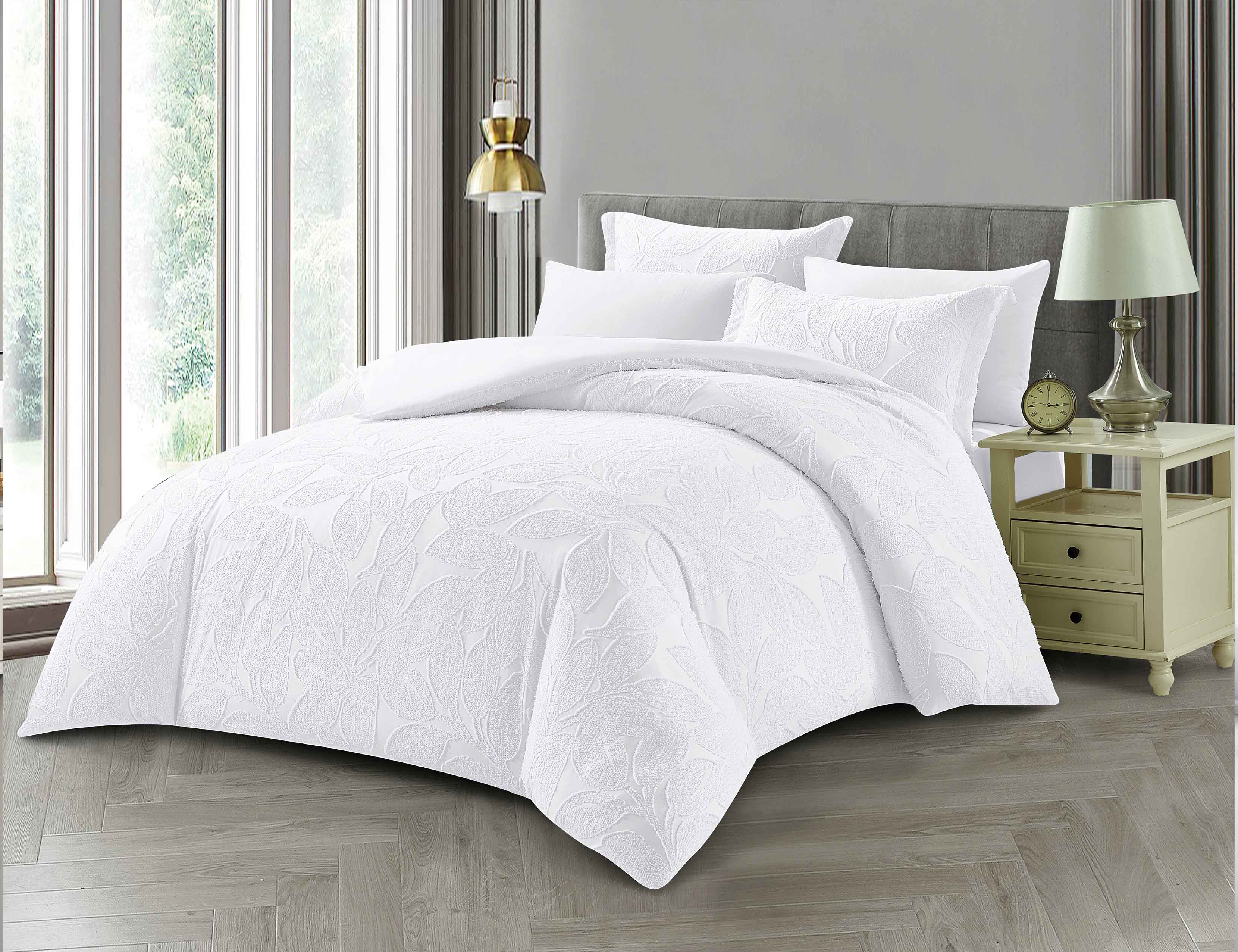 בד ג'קארד לבן - דוגמת עלים - מיטה זוגית 160/200 ס"מ