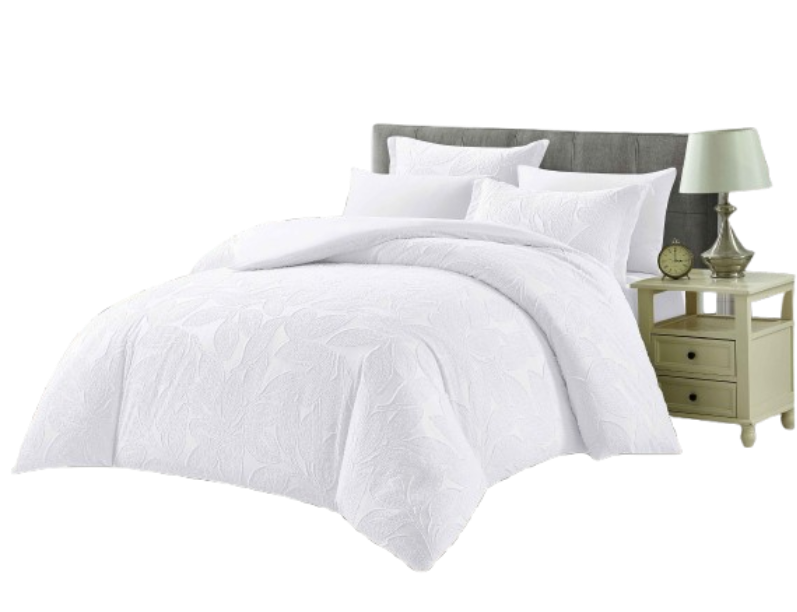 בד ג'קארד לבן - דוגמת עלים - מיטה זוגית 160/200 ס"מ