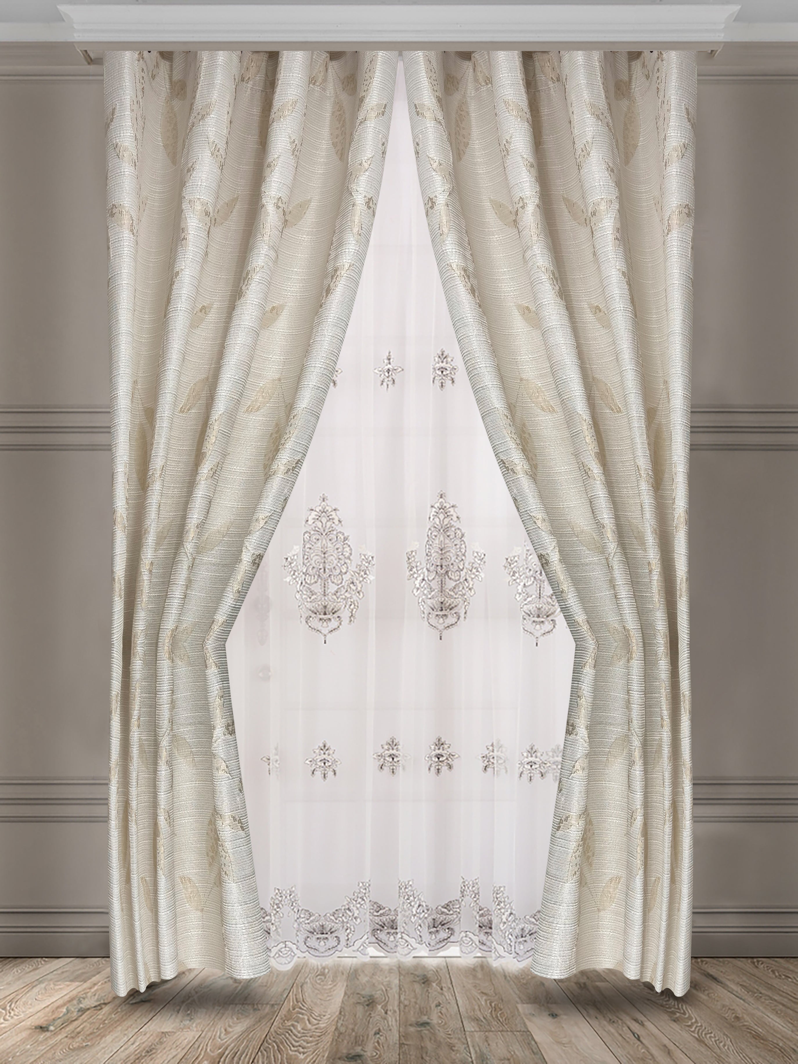 וילון קצר דוגמת קרם עלים - מידה 1.40/1.60