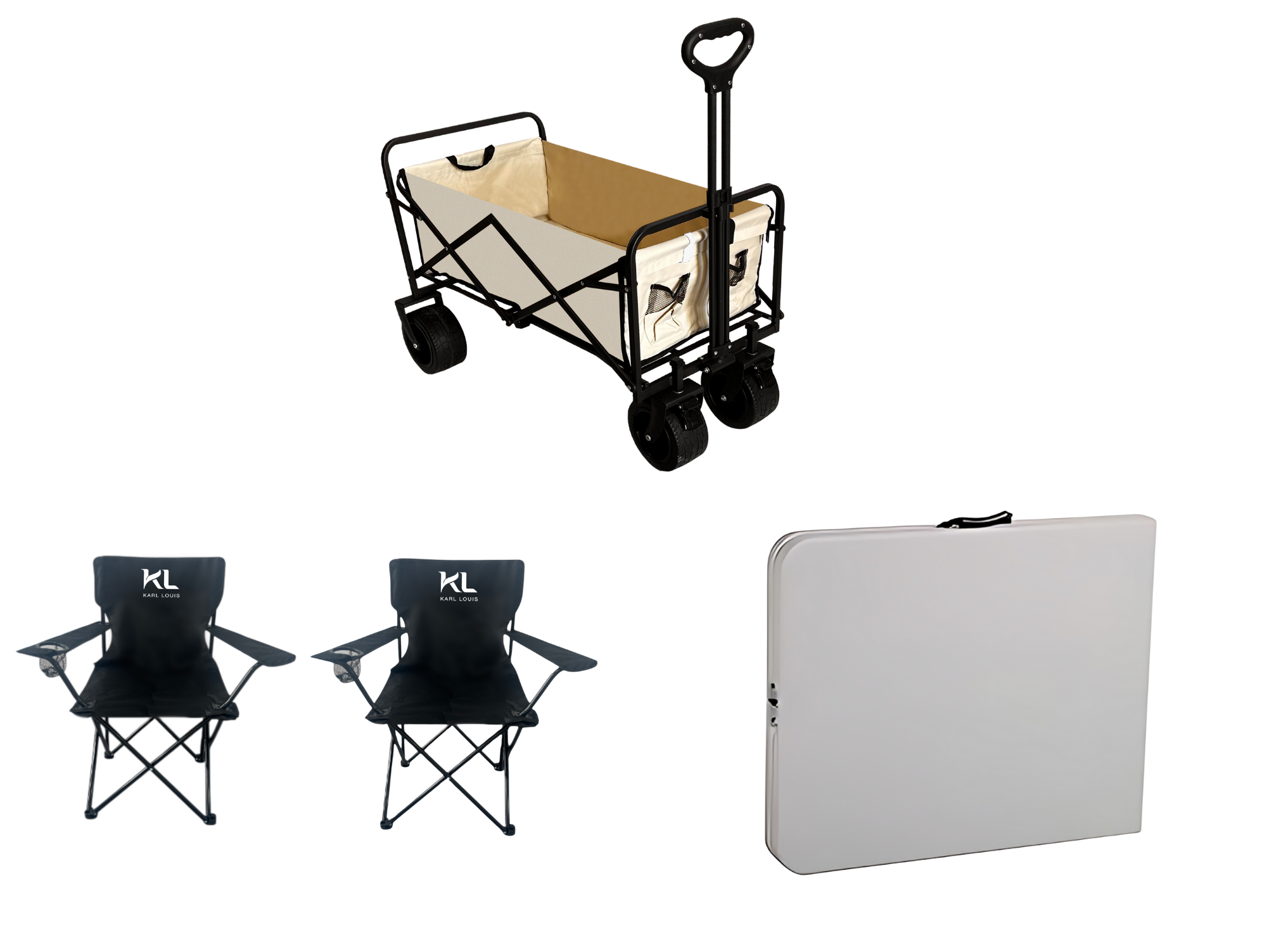 עגלת קמפינג + שולחן מתקפל + זוג כיסאות מתקפלים