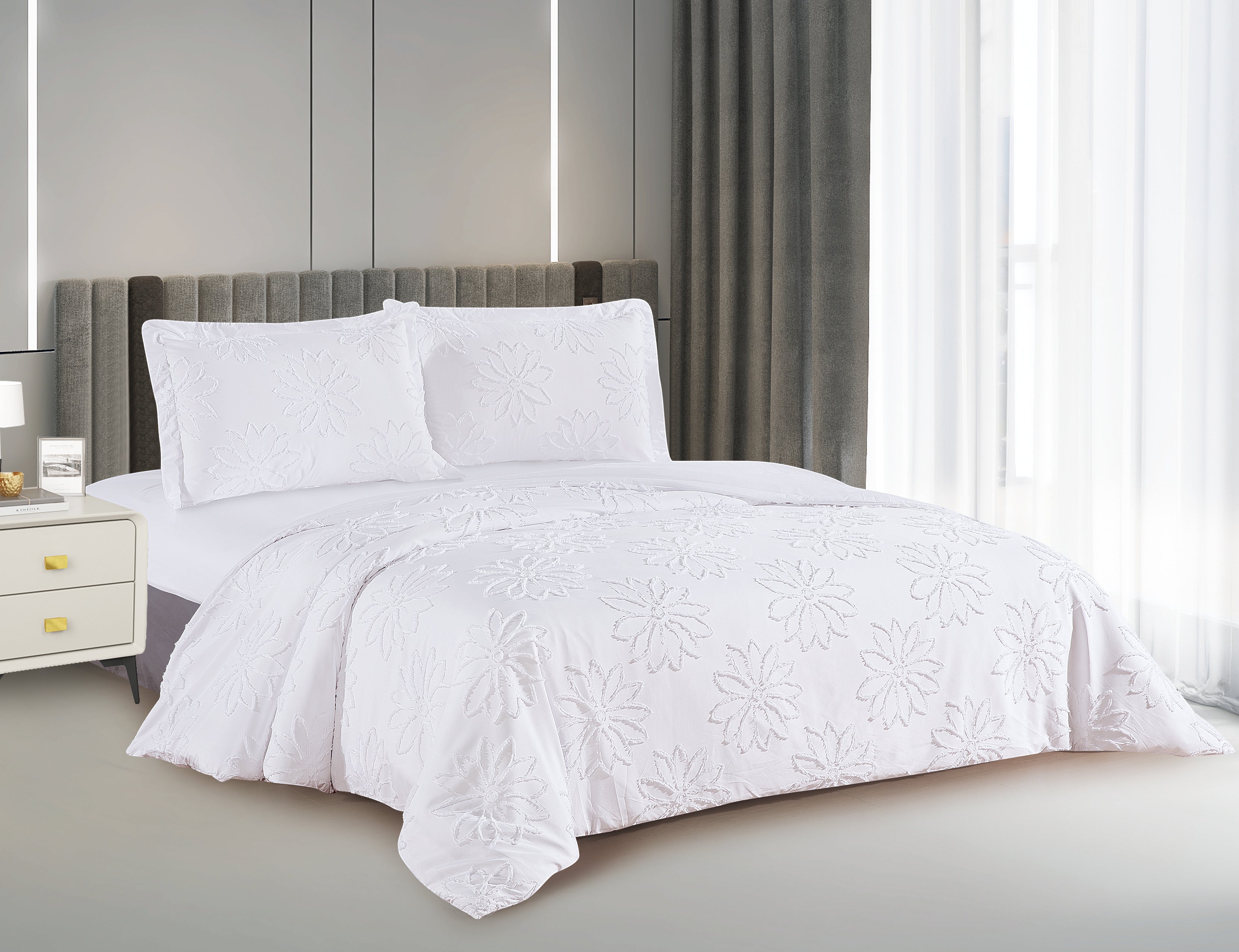 בד ג'קארד לבן - דוגמת פרחוני - מיטה זוגית- 160/200 ס"מ