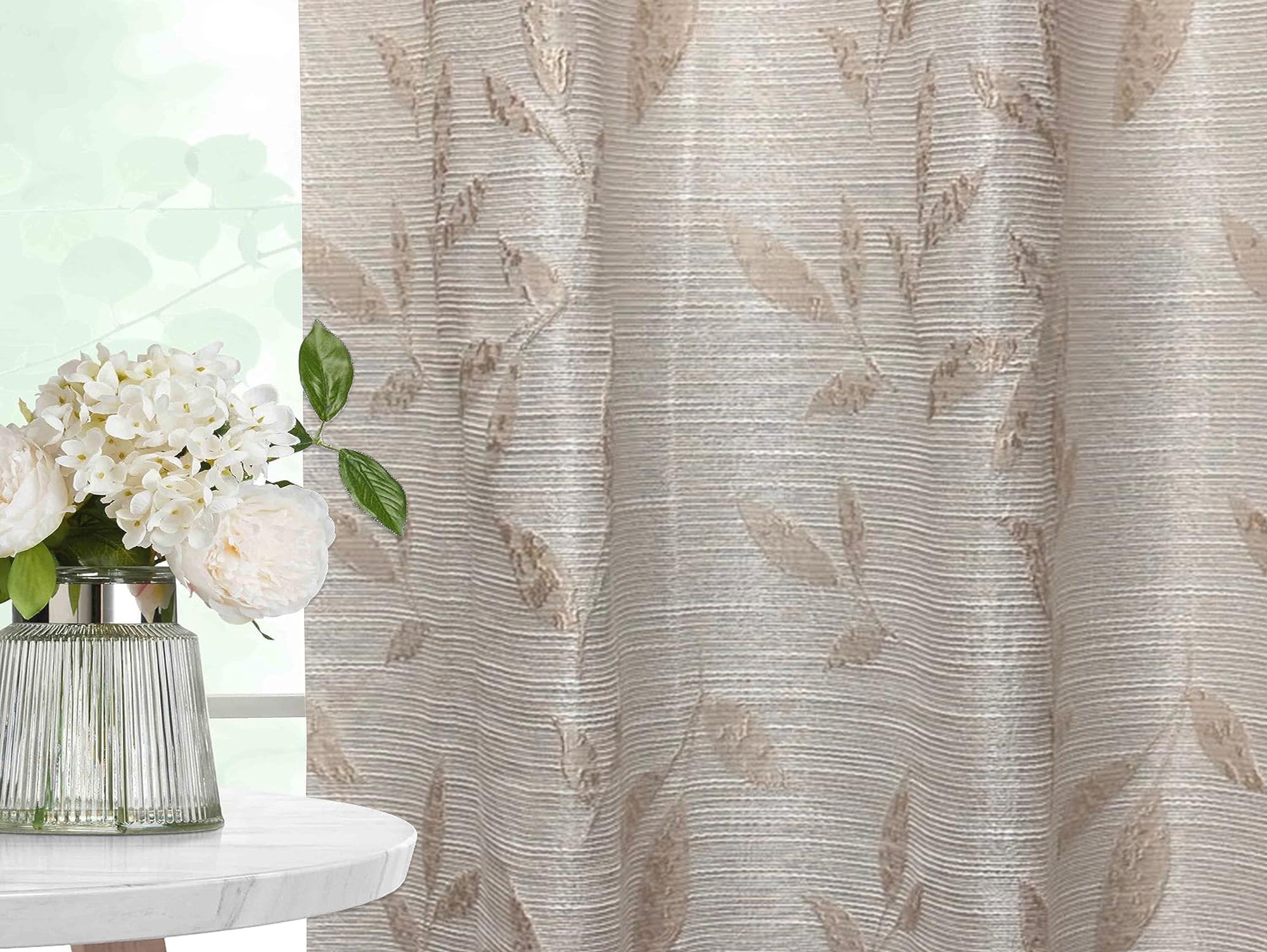 וילון קצר דוגמת קרם עלים - מידה 1.40/1.60