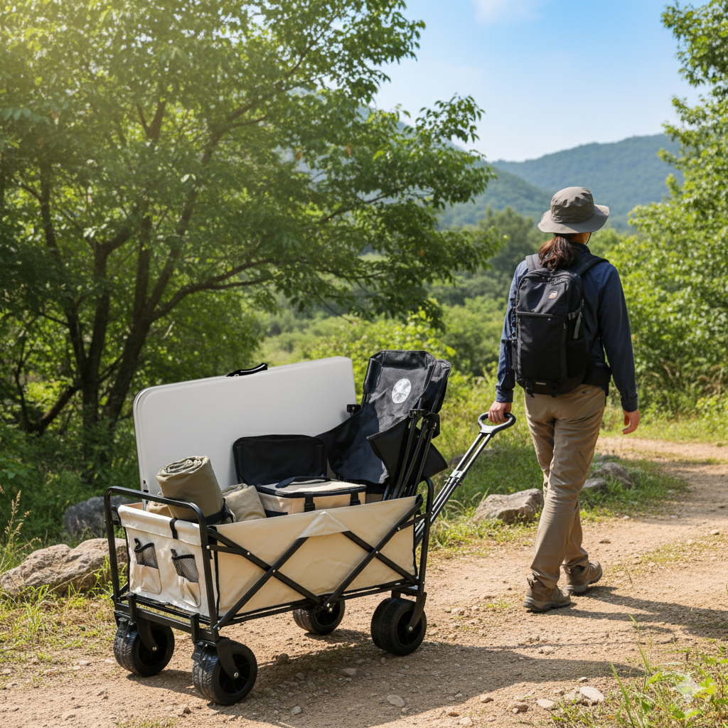 עגלת קמפינג + שולחן מתקפל + זוג כיסאות מתקפלים