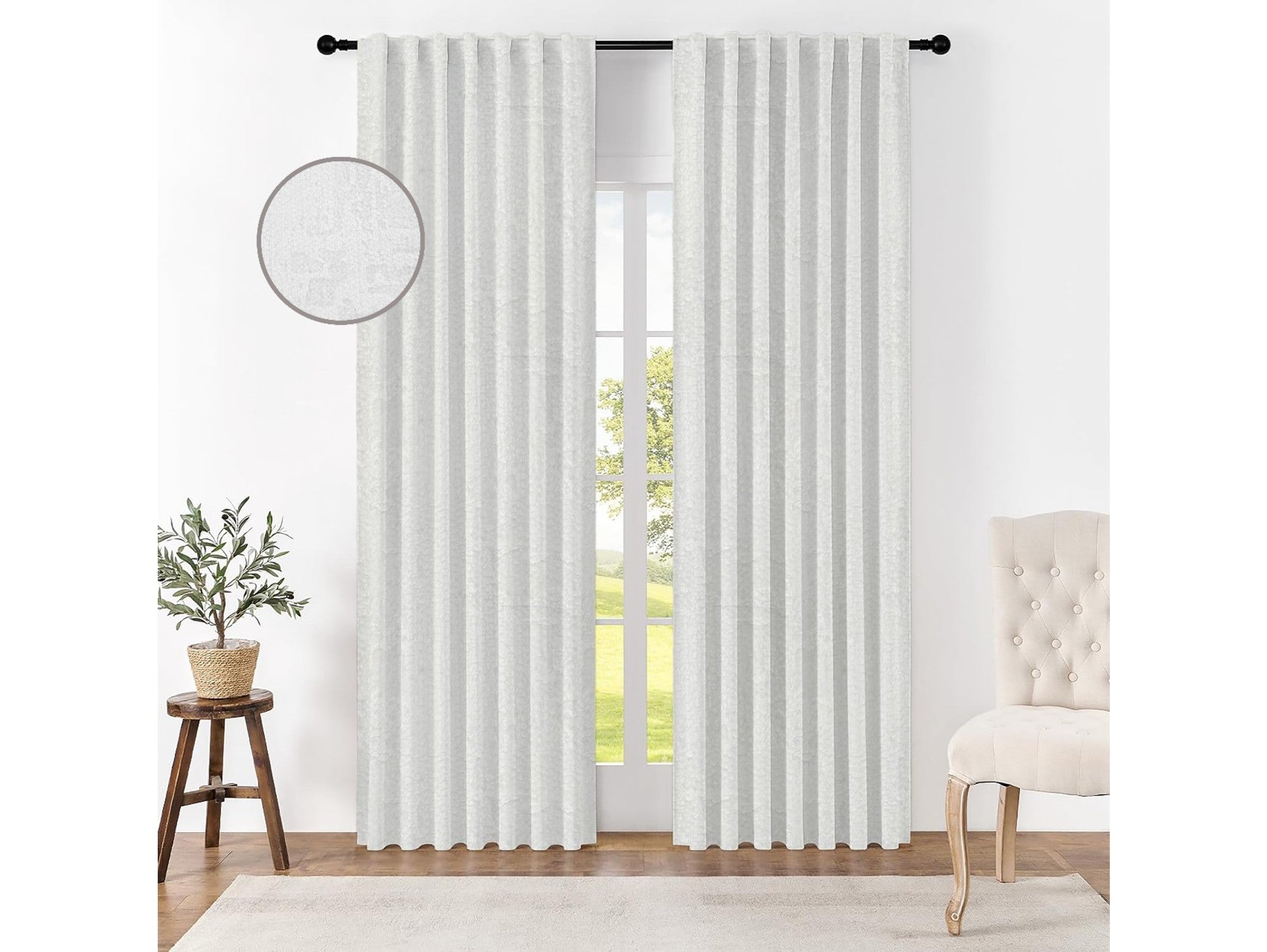 וילון בד עבה 250×140 ס"מ עם טבעות נחושת –לבן