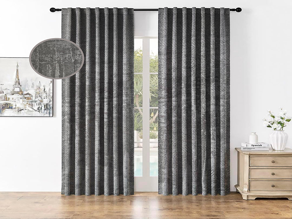 וילון בד עבה 250×140 ס"מ עם טבעות נחושת – אפור גרפיט