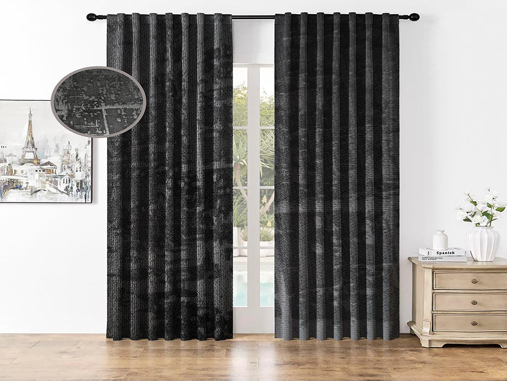 וילון בד עבה 250×140 ס"מ עם טבעות נחושת – אפור כהה