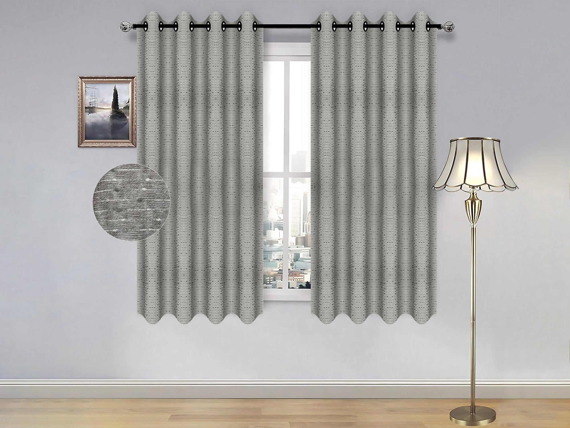 וילון קצר דוגמת אפור פסים - מידה 1.40/1.60