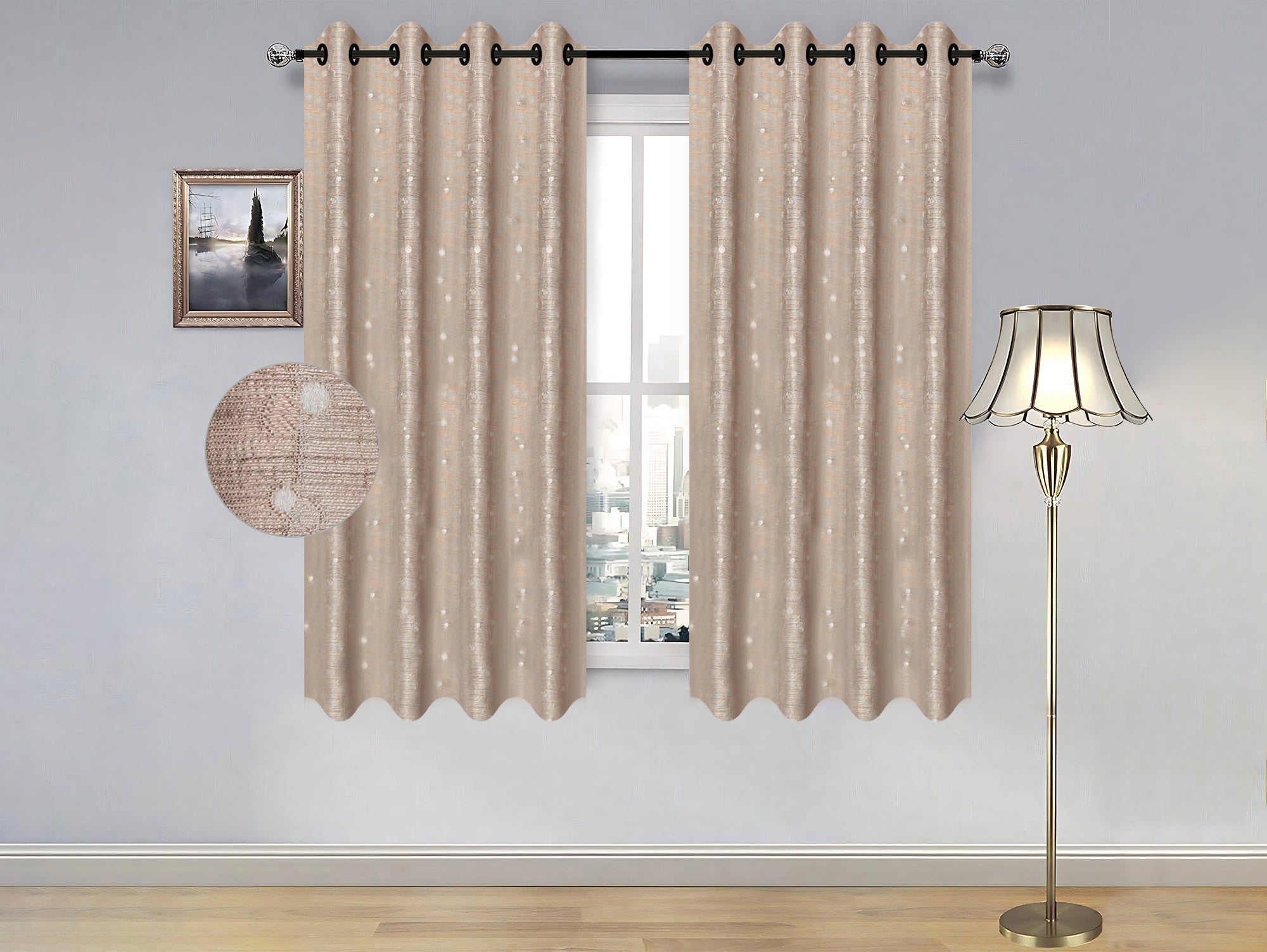 וילון קצר דוגמת בז' נקודות - מידה 1.40/1.60