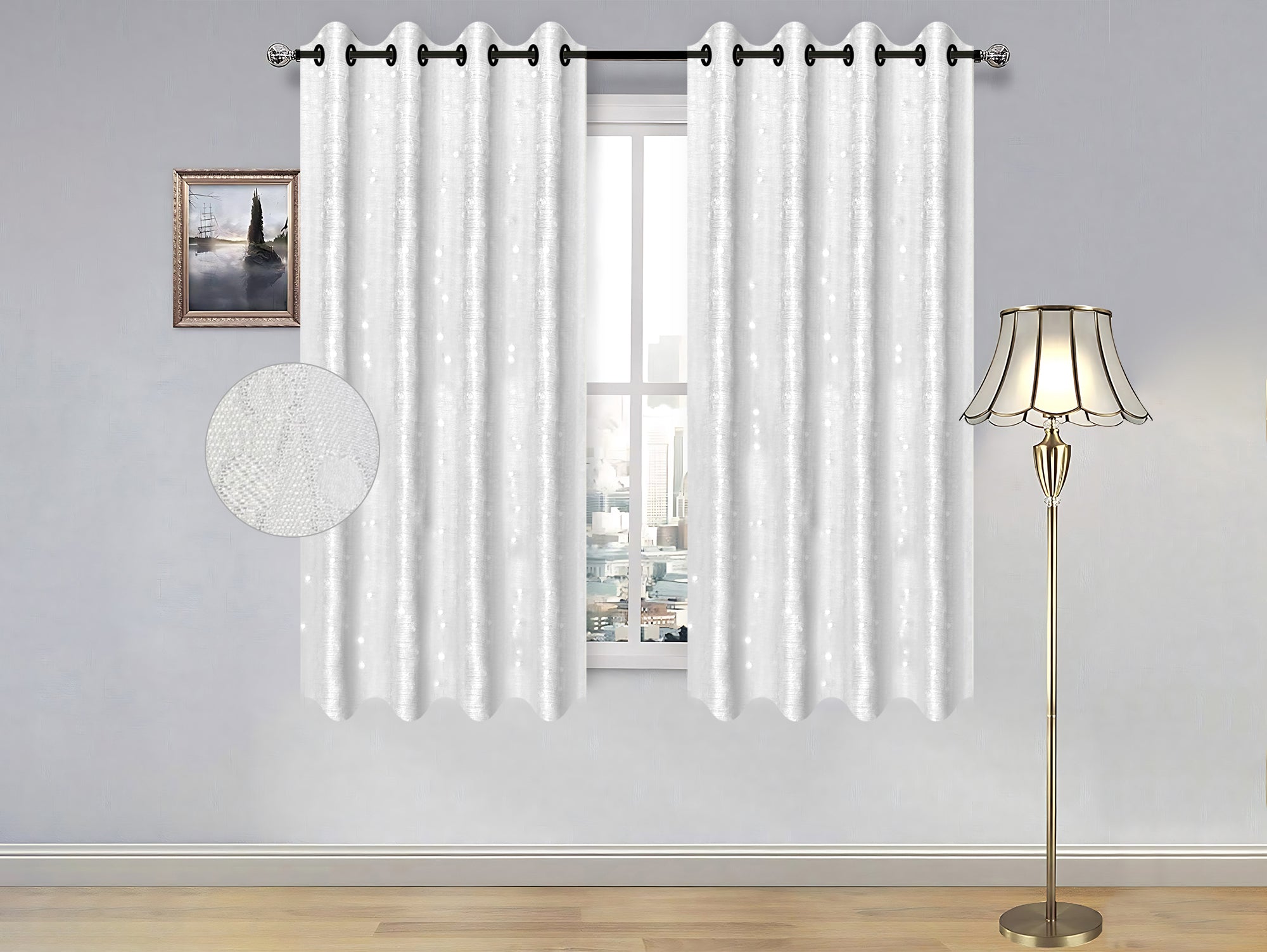 וילון קצר דוגמת לבן נקודות - מידה 1.40/1.60