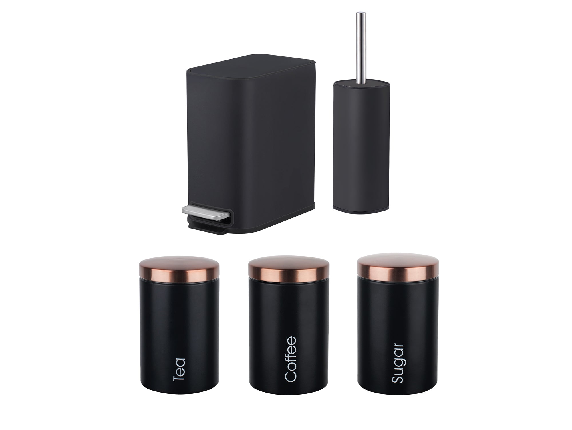 סט פח לשירותים שחור  + מברשת לאסלה + סט תה קפה סוכר