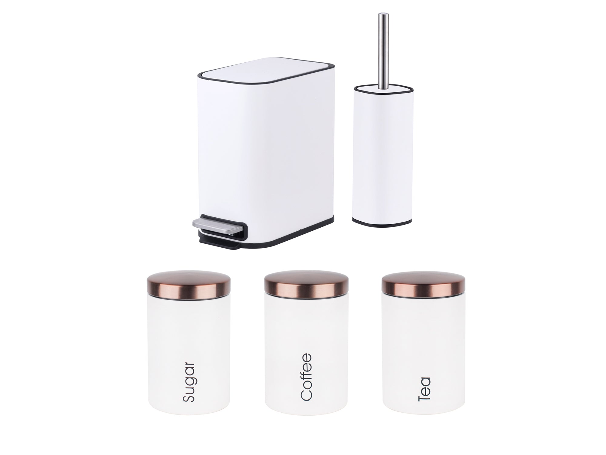 סט פח לשירותים לבן + מברשת לאסלה + סט תה קפה סוכר