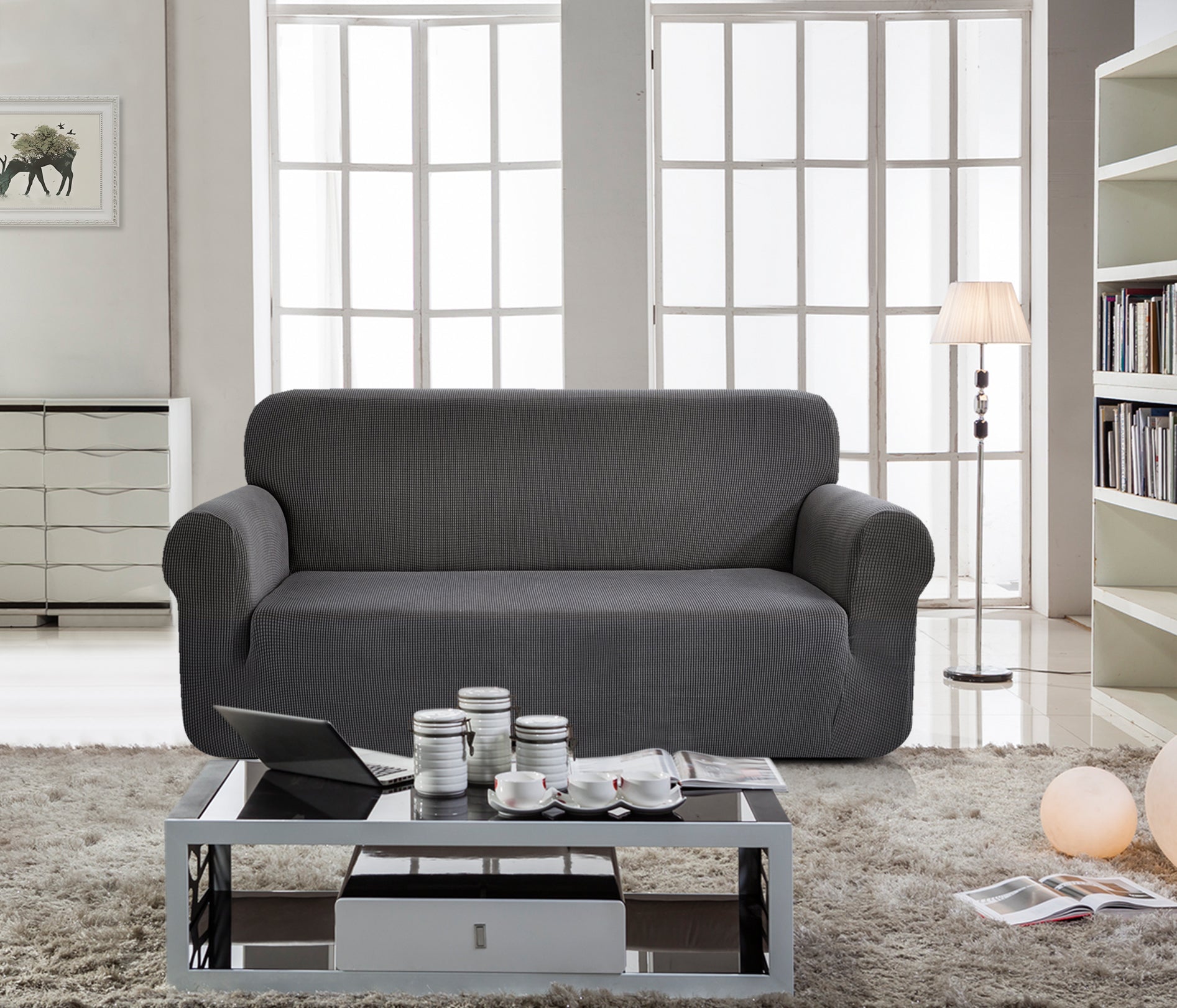 כיסויי סלון אלסטי 3+2+1 אפור כהה