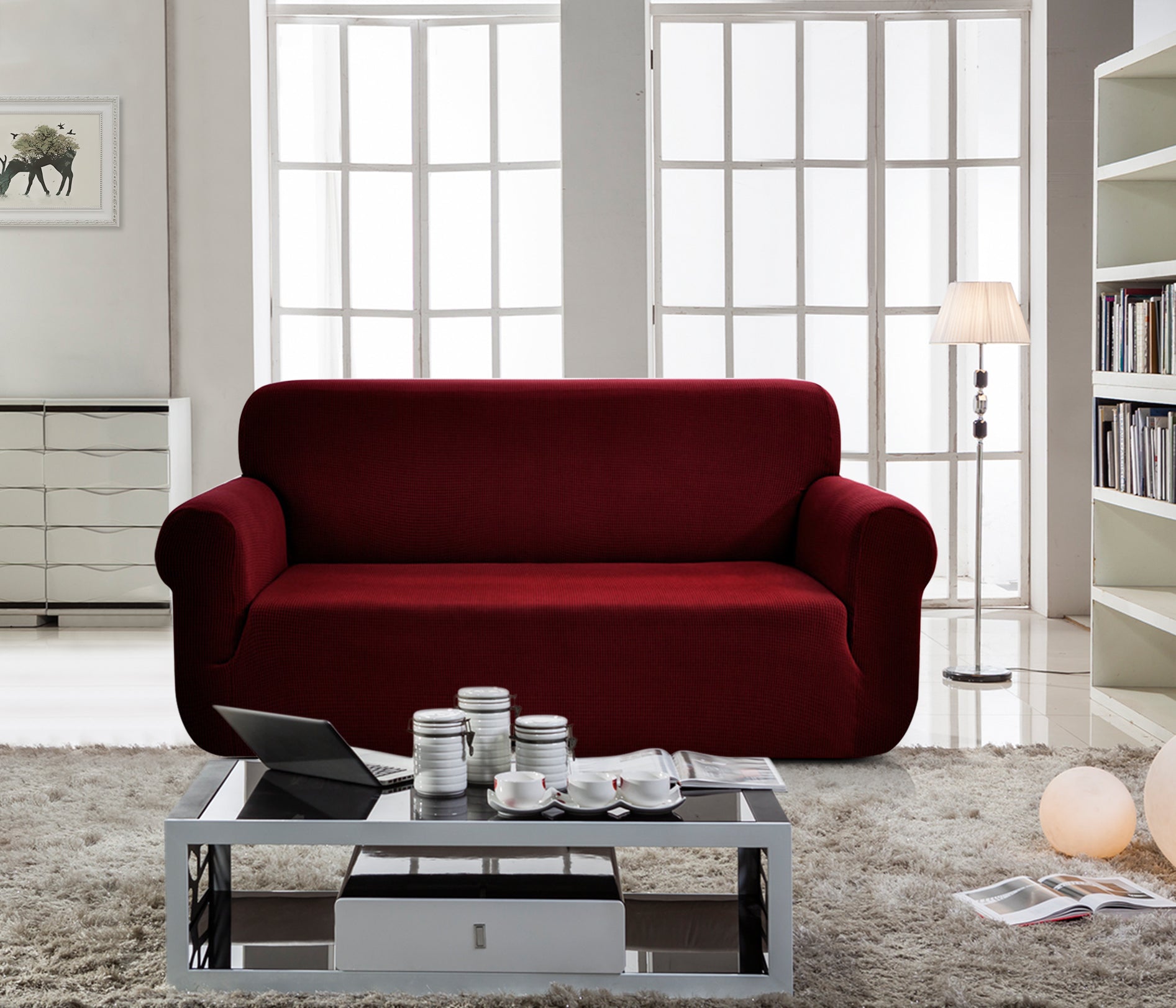 כיסויי סלון אלסטי 3+2+1 בורדו