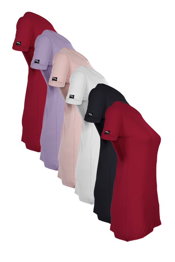 מארז 6 חולצות טריקו איכותיות לאישה - צבע  בורדו , סגול לילך  , ורוד  , לבן , שחור, בורדו