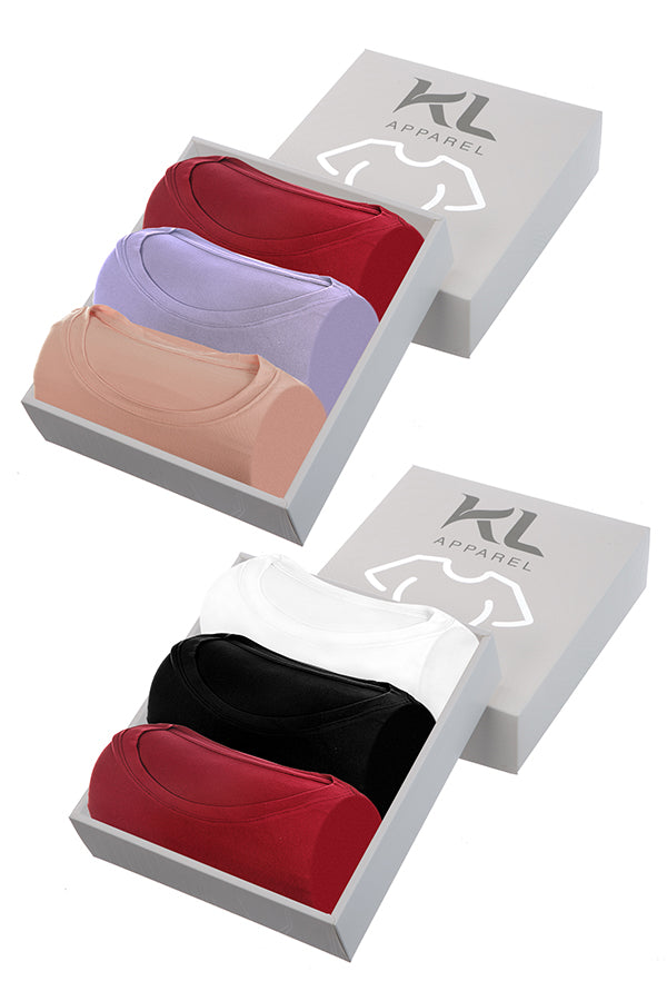 מארז 6 חולצות טריקו איכותיות לאישה - צבע  בורדו , סגול לילך  , ורוד  , לבן , שחור, בורדו