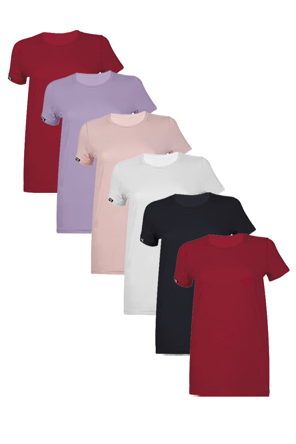 מארז 6 חולצות טריקו איכותיות לאישה - צבע  בורדו , סגול לילך  , ורוד  , לבן , שחור, בורדו