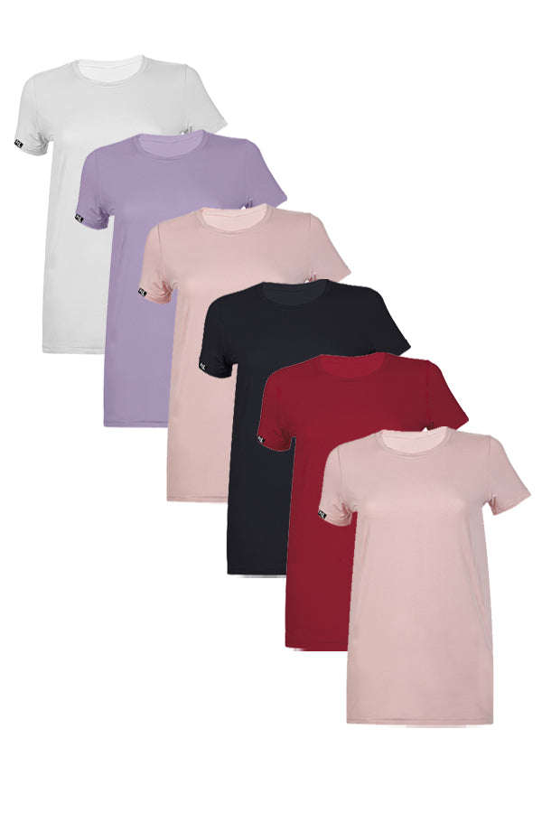 מארז 6 חולצות טריקו איכותיות לאישה - צבע לבן , סגול לילך  , ורוד  ,שחור, בורדו, ורוד