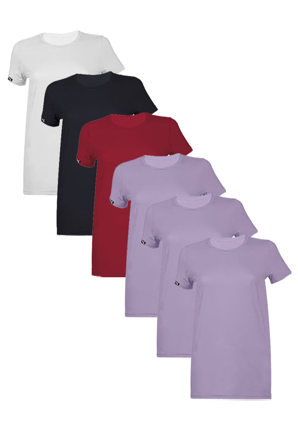 מארז 6 חולצות טריקו איכותיות לאישה - צבע לבן , שחור, בורדו , סגול לילך , סגול לילך , סגול לילך