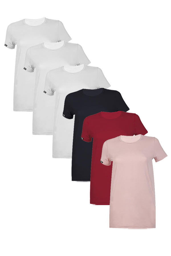 מארז 6 חולצות טריקו איכותיות לאישה - צבע לבן , לבן , לבן ,שחור, בורדו, ורוד