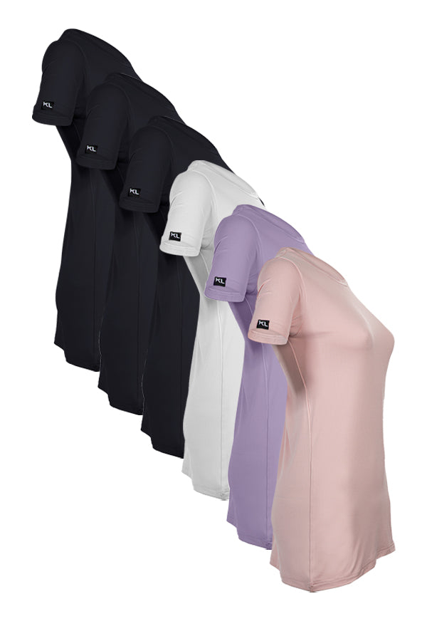 מארז 6 חולצות טריקו איכותיות לאישה - צבע שחור , שחור, שחור , לבן ,  סגול לילך  , ורוד