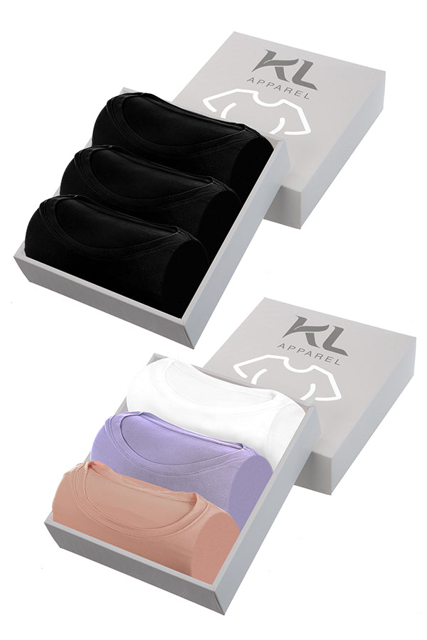 מארז 6 חולצות טריקו איכותיות לאישה - צבע שחור , שחור, שחור , לבן ,  סגול לילך  , ורוד