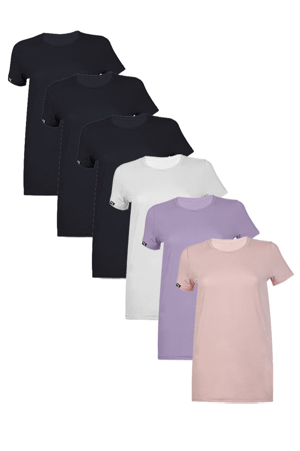 מארז 6 חולצות טריקו איכותיות לאישה - צבע שחור , שחור, שחור , לבן ,  סגול לילך  , ורוד